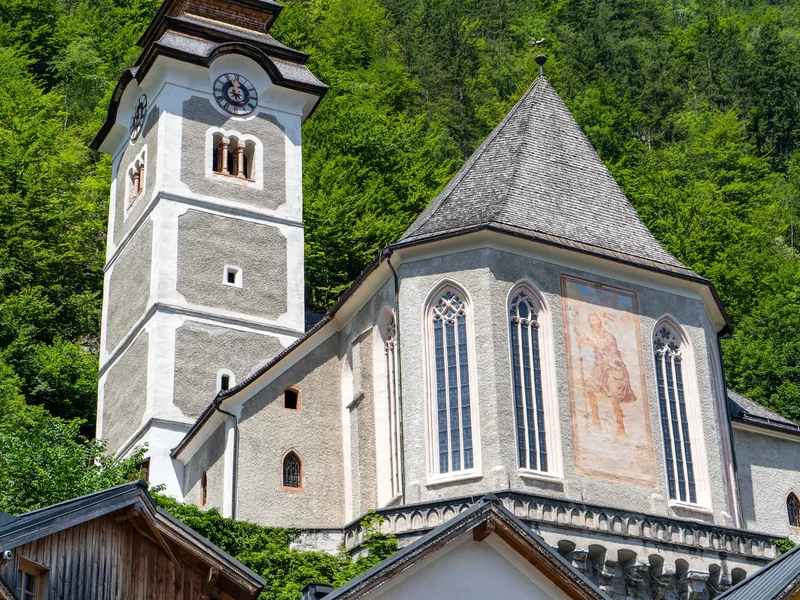 The Evangelical church of Hallstatt with its slim spire