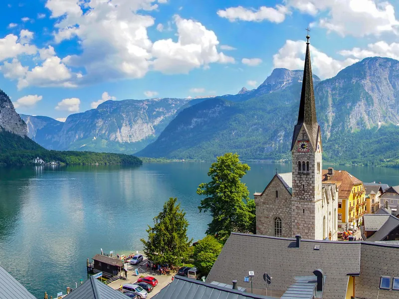 Hallstatt and the lake seen from above the village, the Dachstein mountains behind