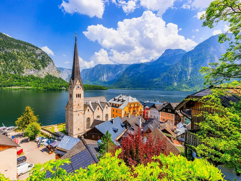 Hallstatt rooftops and church tower seen from above